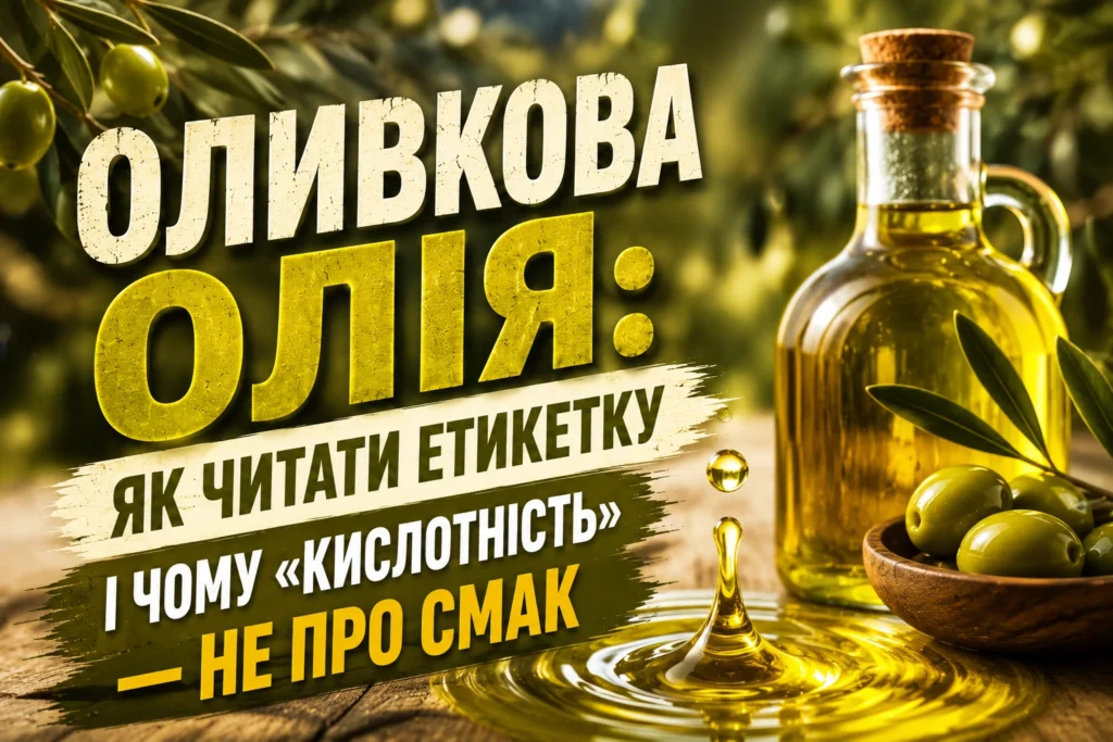 Оливкова олія в скляній пляшці з корком, поруч зелені оливки в дерев'яній мисці та гілка оливкового дерева