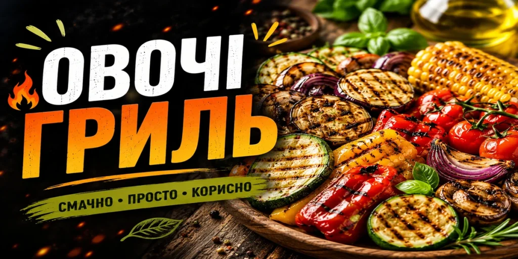 Овочі гриль на дерев'яній дошці: кабачок, баклажан, болгарський перець, печериці, кукурудза та червона цибуля з рум'яними смужками