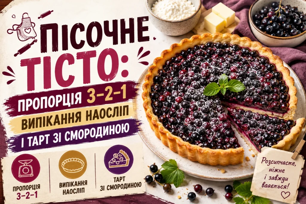 Тарт зі смородиною на пісочному тісті з відрізаним шматком, поруч борошно, вершкове масло та свіжа смородина
