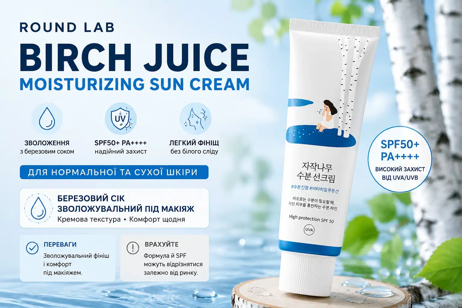 Корейський сонцезахисний крем Round Lab Birch Juice Moisturizing Sun Cream