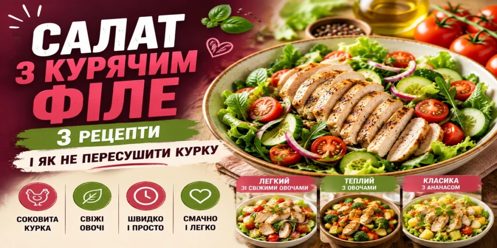 Салат з курячим філе, листям салату, помідорами чері, огірком і болгарським перцем у мисці