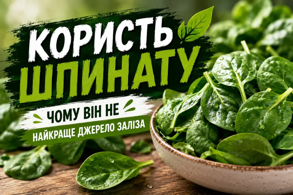 Свіже листя шпинату в керамічній мисці на дерев'яному столі, поруч окремі листочки з краплями води