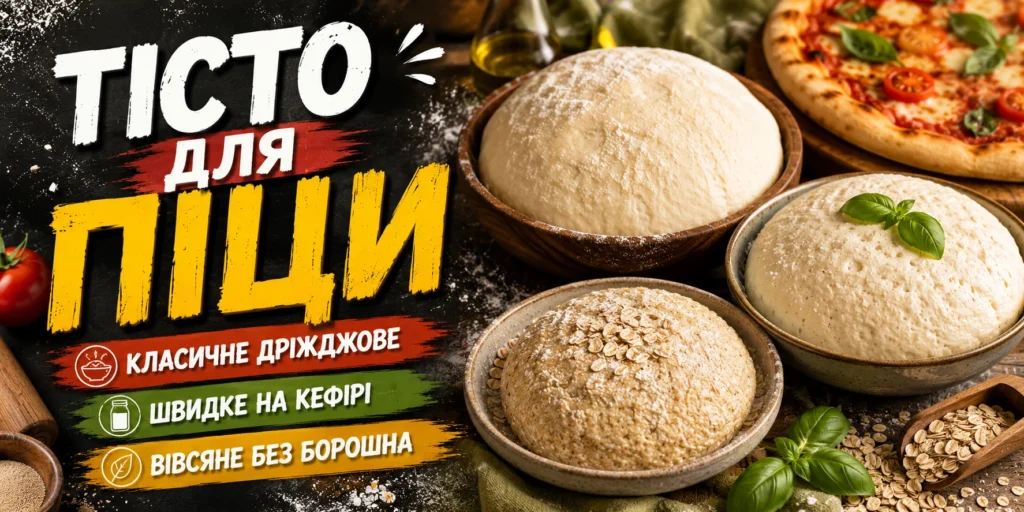 Три види тіста для піци в мисках: класичне дріжджове, на кефірі та вівсяне без борошна, поруч готова піца й оливкова олія