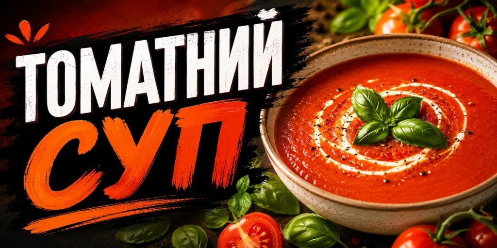 Томатний суп у керамічній мисці зі свіжим базиліком, вершковим візерунком і чорним перцем, поруч помідори чері