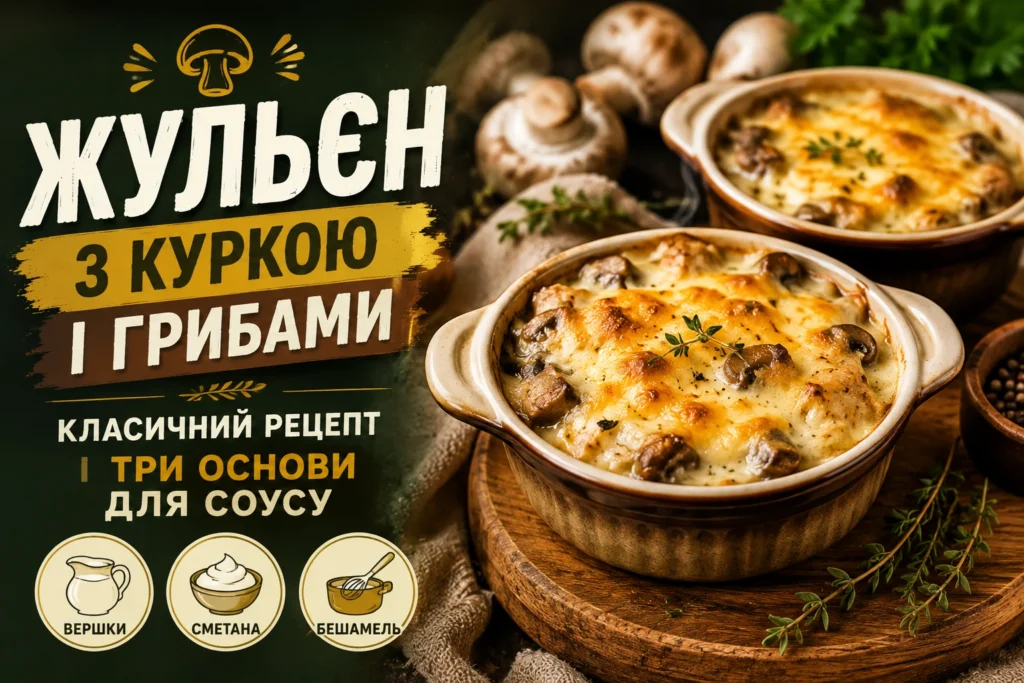 Жульєн з куркою і печерицями в керамічних кокотницях із золотистою сирною скоринкою та чебрецем