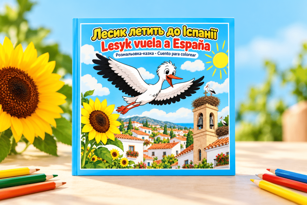 Книжка «Лесик летить до Іспанії» українською та іспанською поруч із кольоровими олівцями